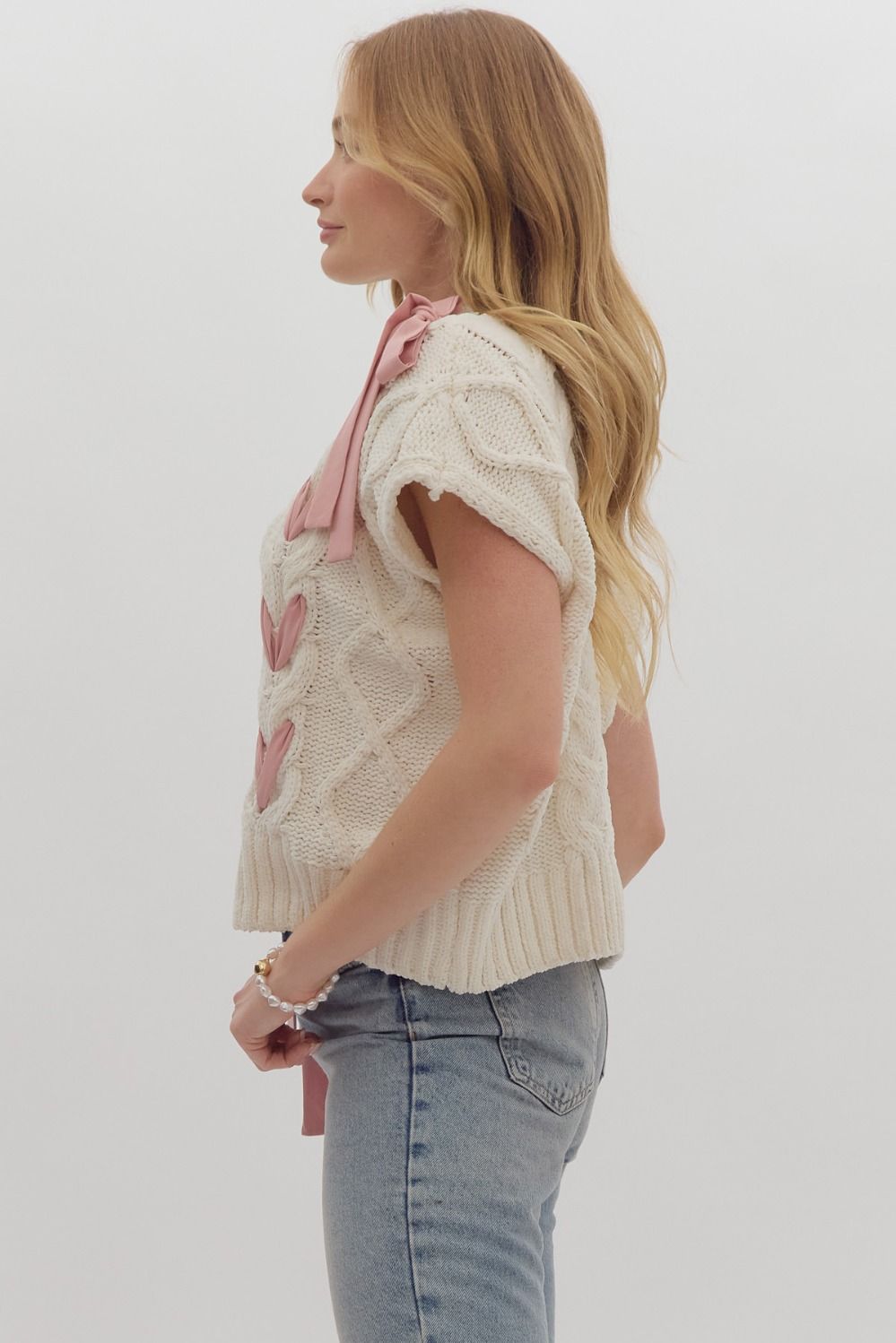 Cable Knit Round Neck Sweater Short Sleeve Sweater w/ Contrast Bow Detail