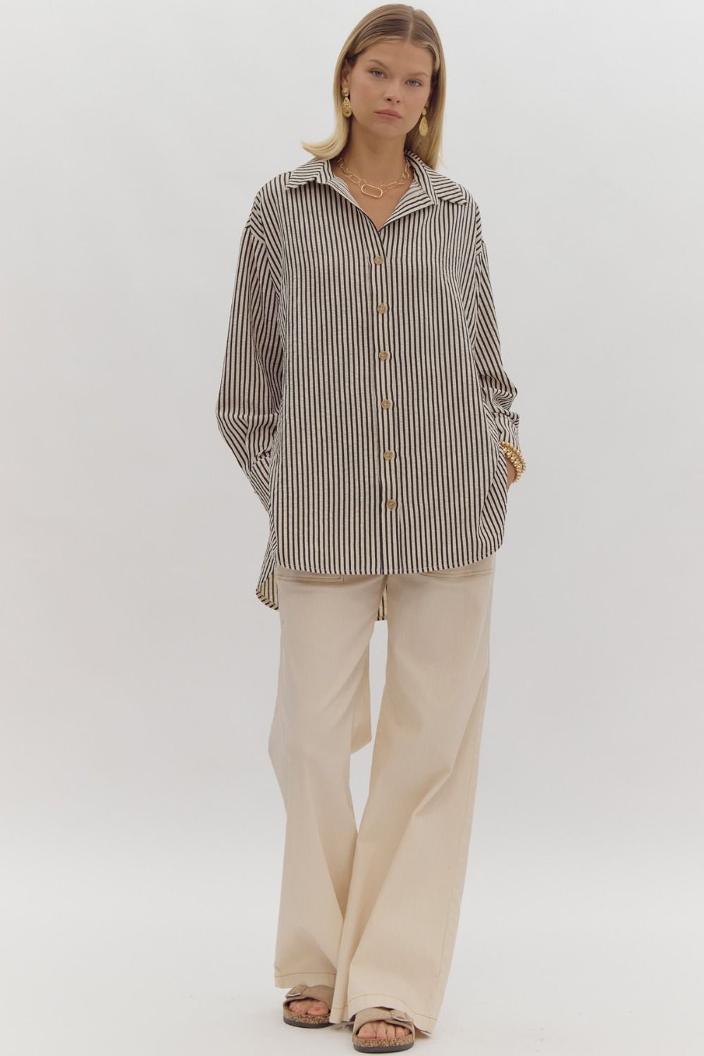 Stripe Collared Button Up Long Sleeve Oversized Top w/ Hi-Low Hem