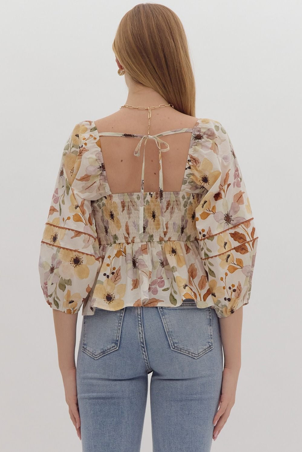 Floral Print Elasticized 3/4 Sleeve Balloon Sleeve Peplum Top