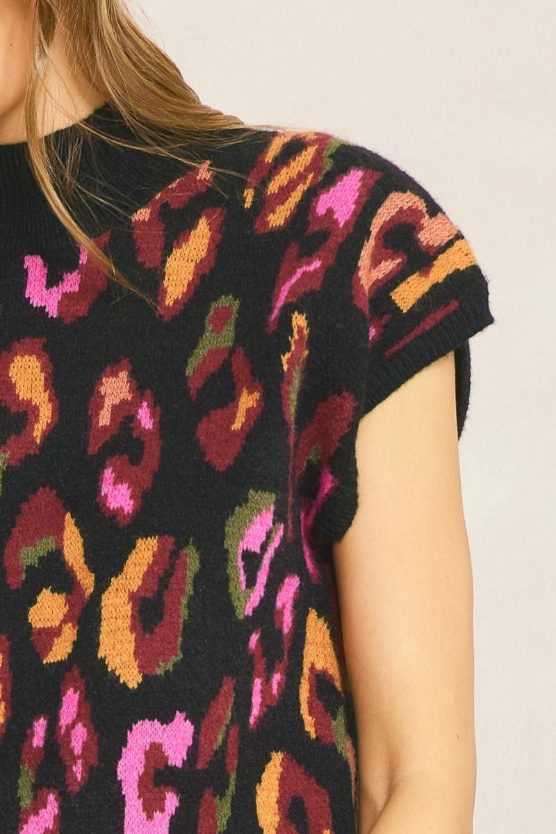 Black Sleeveless Colorful Leopard Sweater