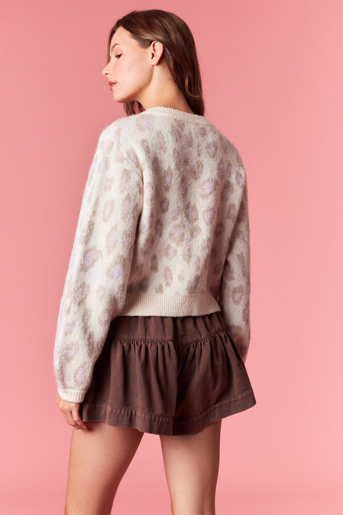 Front Velvet Tie Leopard Cropped Cardigan