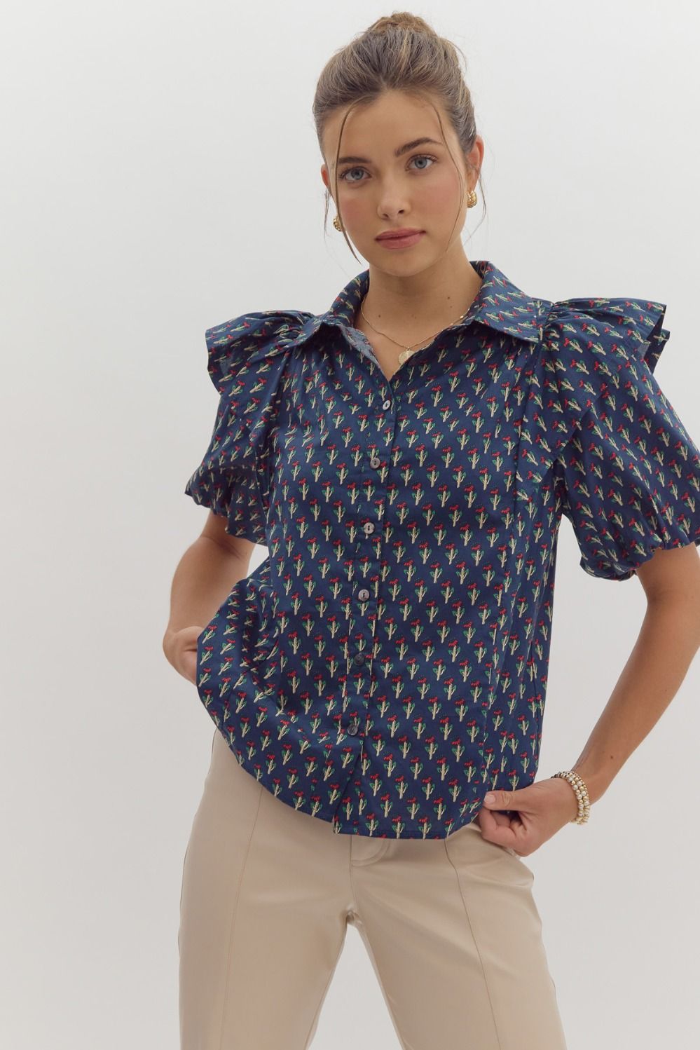 Floral print short puff sleeve button up collared top w/ Ruffle detail