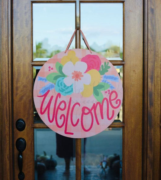 Welcome pink plaid door hanger