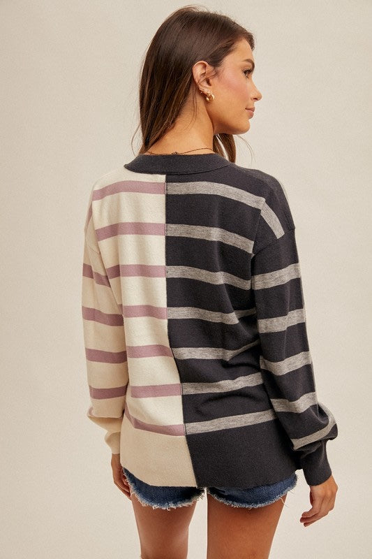 Striped Dolman Sleeve Back Lave Sweater