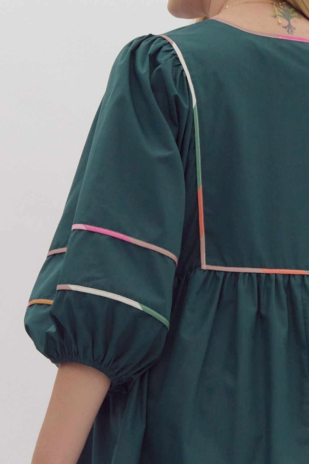 Solid Half Sleeve V Neck Mini Dress w/ Side Pockets & ColorBlock Trim