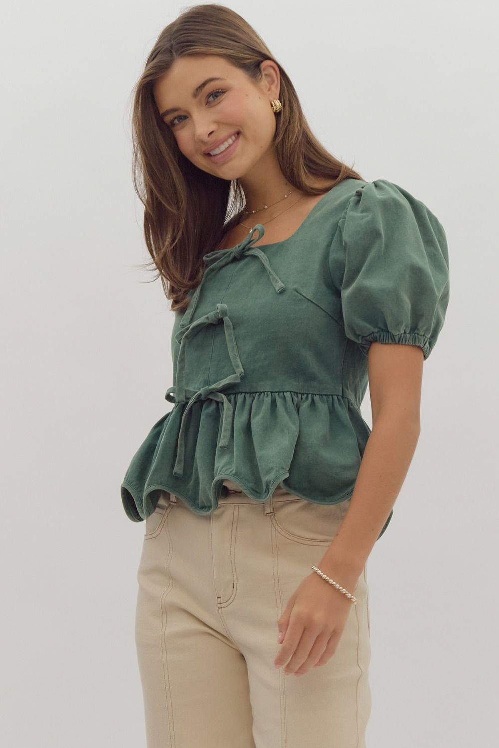 Solid Short Puff Sleeve Square Neck Ruffled Peplum Top w/ Bow Detail