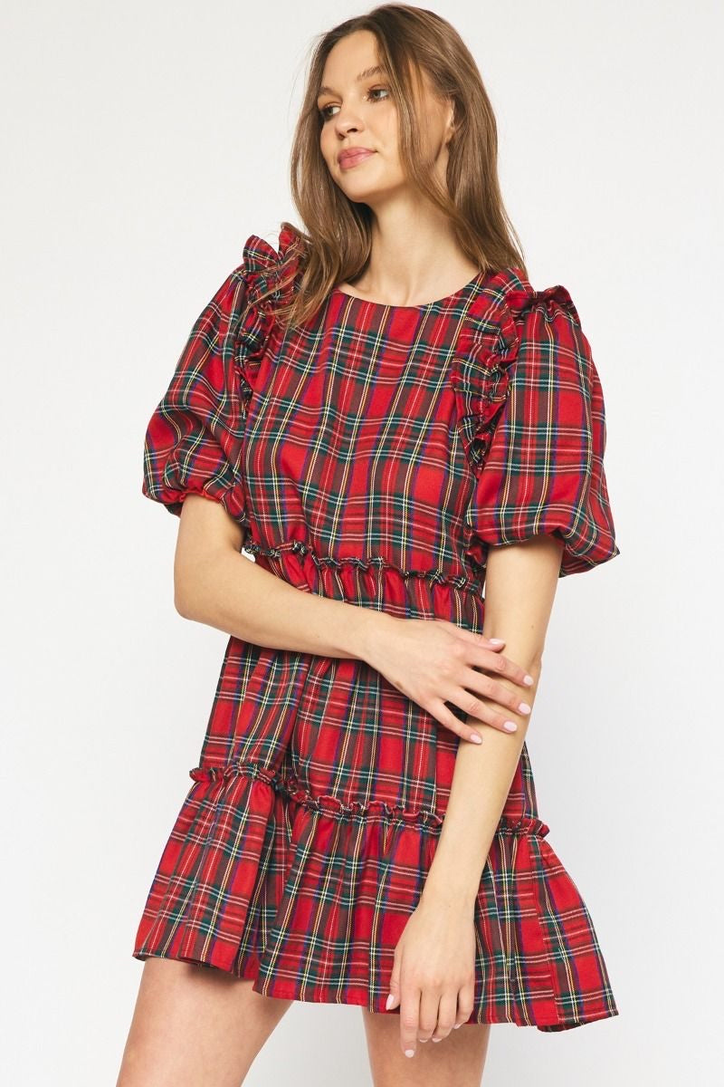 Plaid Short Sleeve Tiered Mini Dress w/ Ruffle Trim & Puff Sleeves