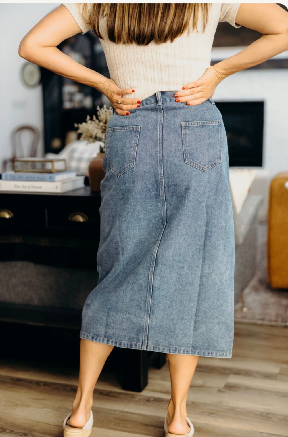 Button front denim skirt in medium wash