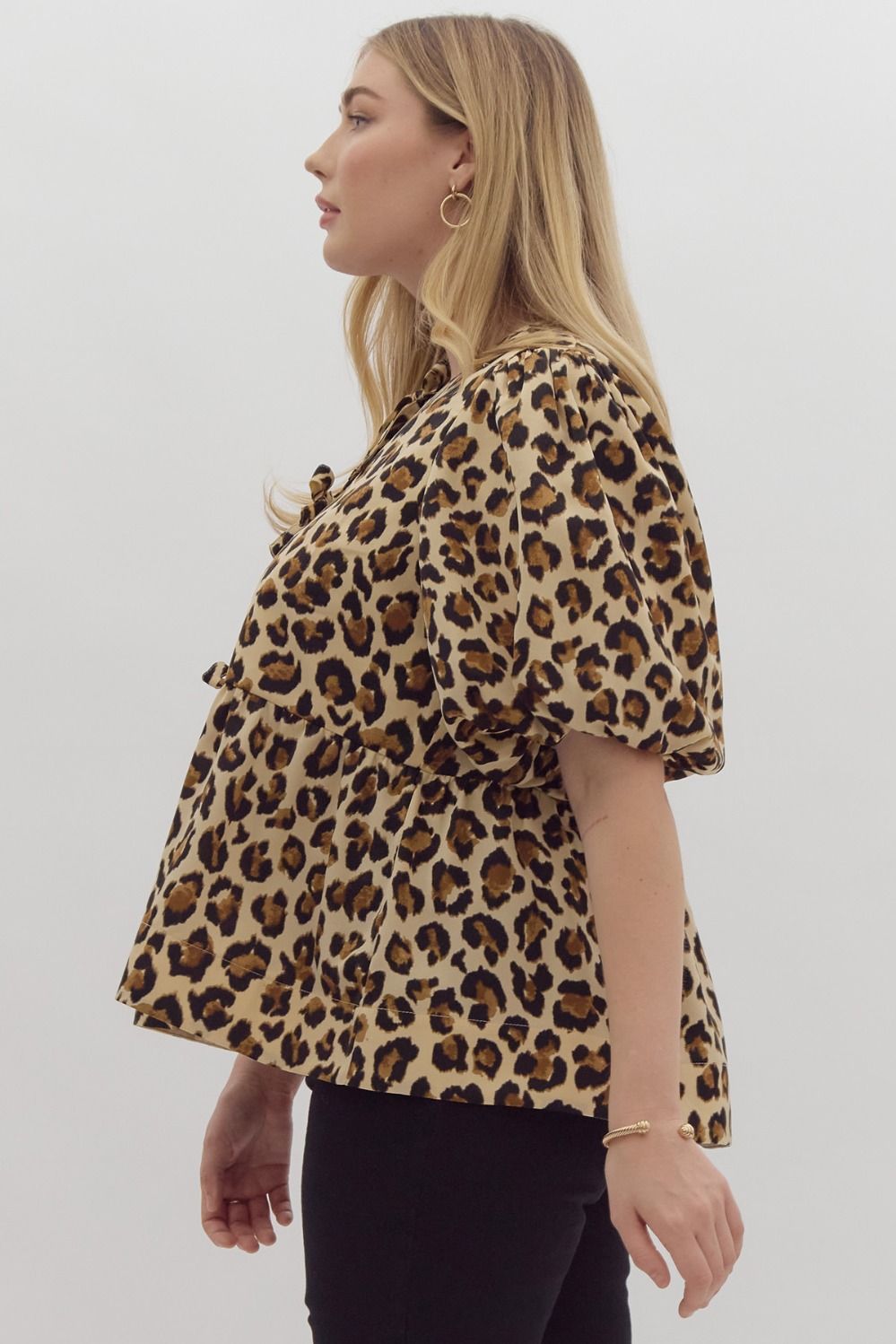 Leopard Print Bubble Sleeve Peplum Top w/ Bow Detail