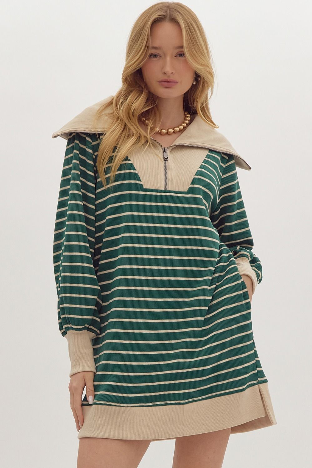 Striped Print Ribbed Zip Up Long Sleeve Mini Dress w/ Oversized Collar