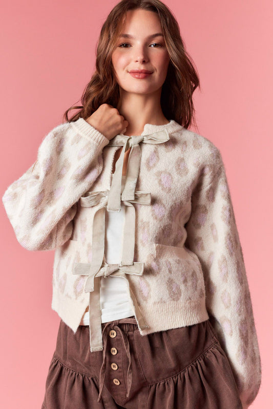 Front Velvet Tie Leopard Cropped Cardigan