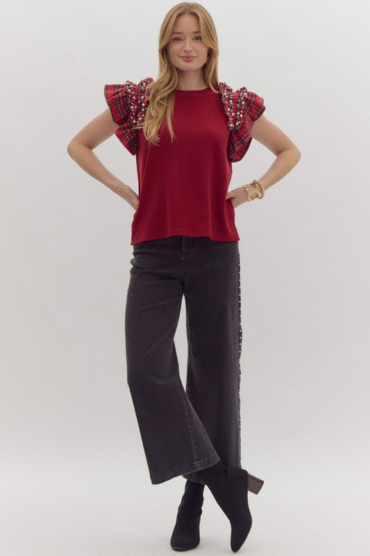 Solid Ribbed Short Sleeve Top w/ Plaid Ruffled Sleeves w/ Pearl Embellishment