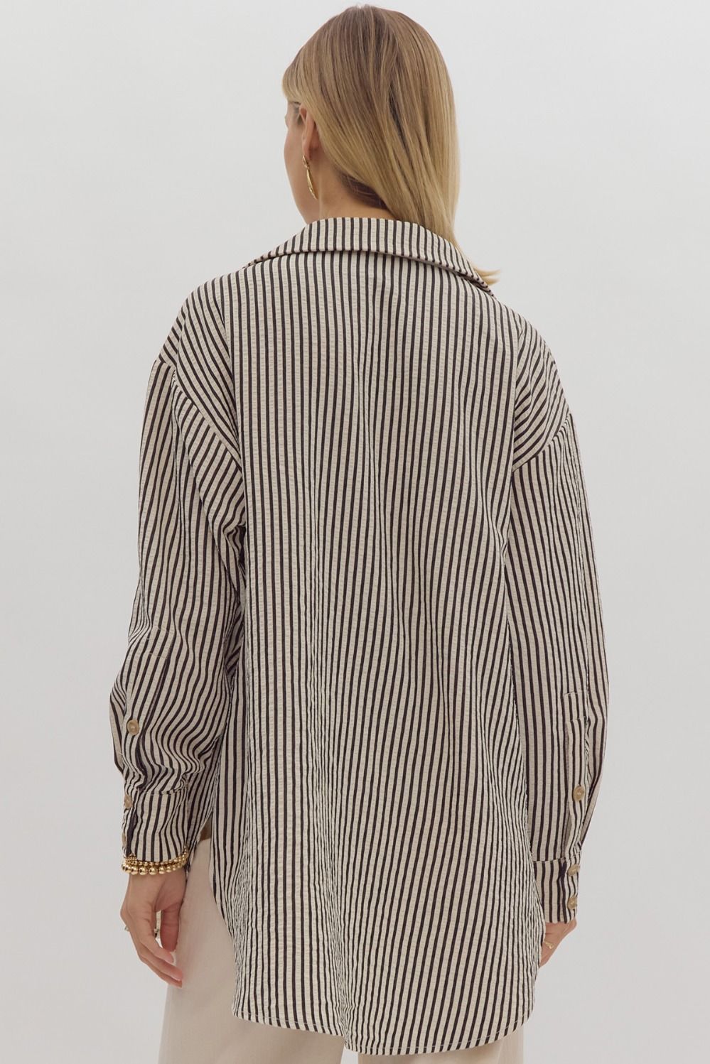Stripe Collared Button Up Long Sleeve Oversized Top w/ Hi-Low Hem