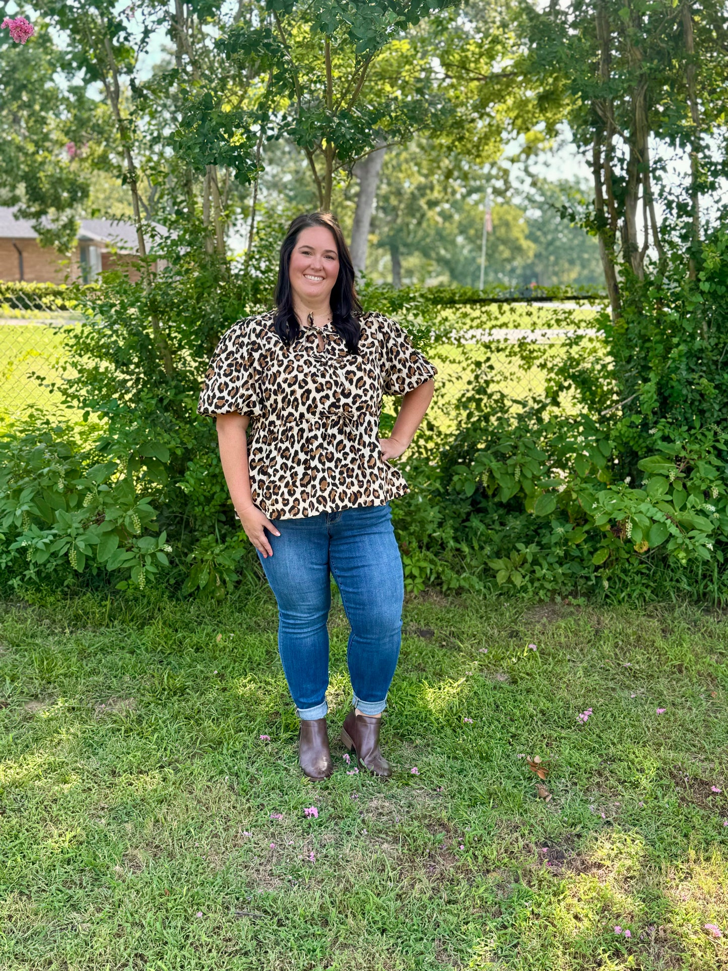 Leopard Print Bubble Sleeve Peplum Top w/ Bow Detail