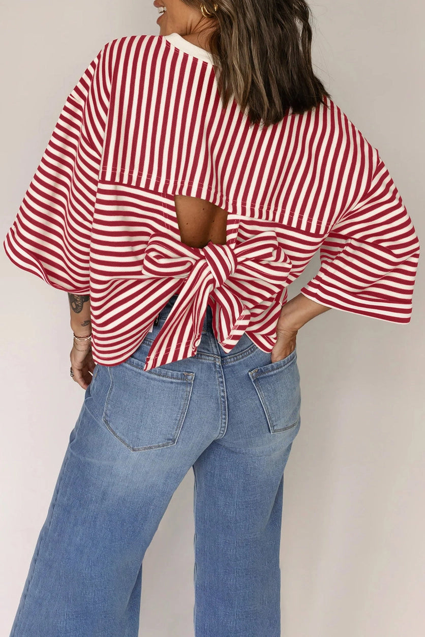 Red Stripe Bowknot Cutout Back Drop Shoulder Wide Sleeve Top