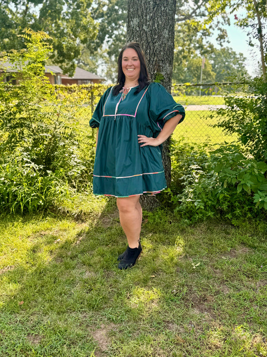 Solid Half Sleeve V Neck Mini Dress w/ Side Pockets & ColorBlock Trim