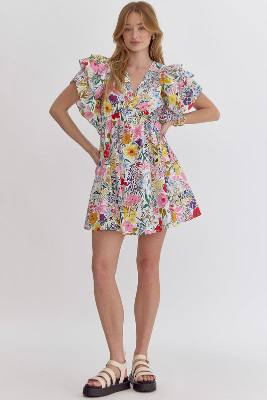 Puff sleeve floral print dress v-neck