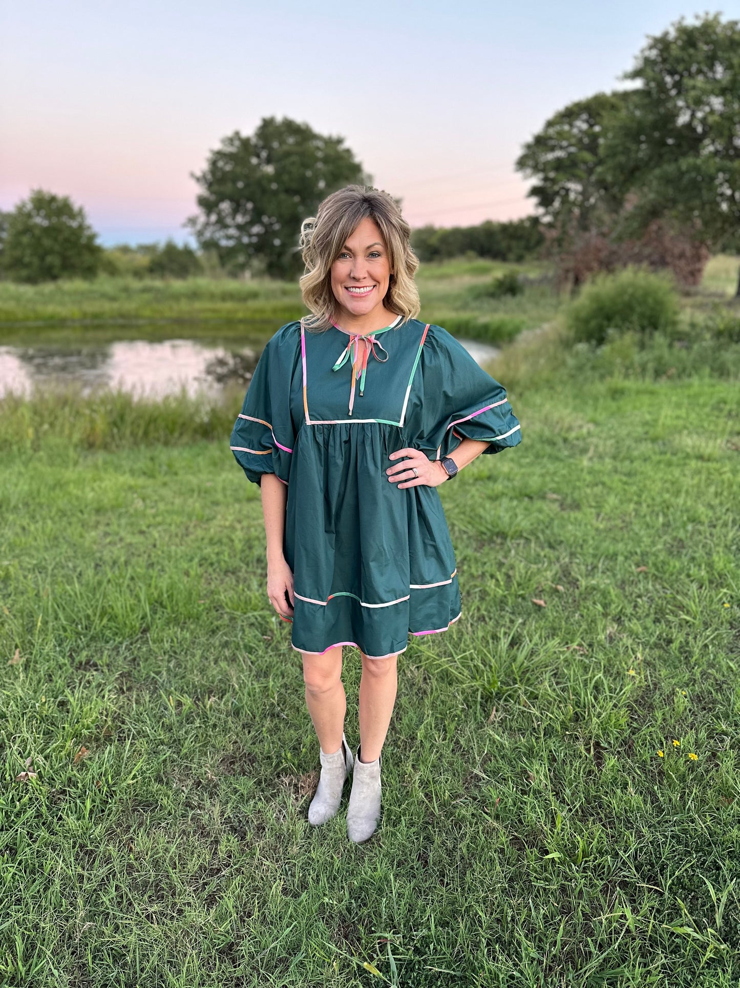 Solid Half Sleeve V Neck Mini Dress w/ Side Pockets & ColorBlock Trim