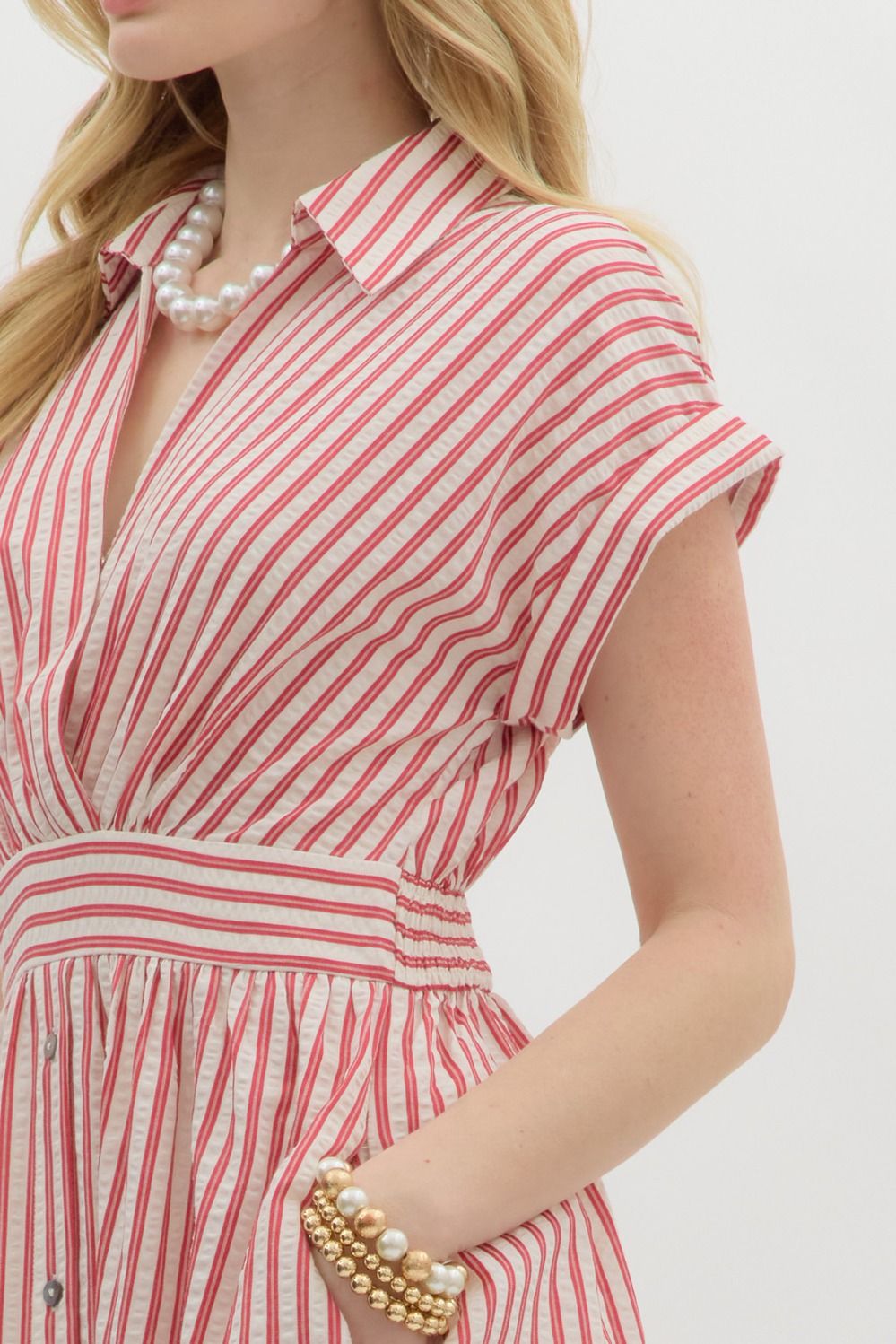 Stripe pattern surplice spread collar short sleeve pullover midi dress w/ faux button closure skirt, pockets, & smocked waist at back