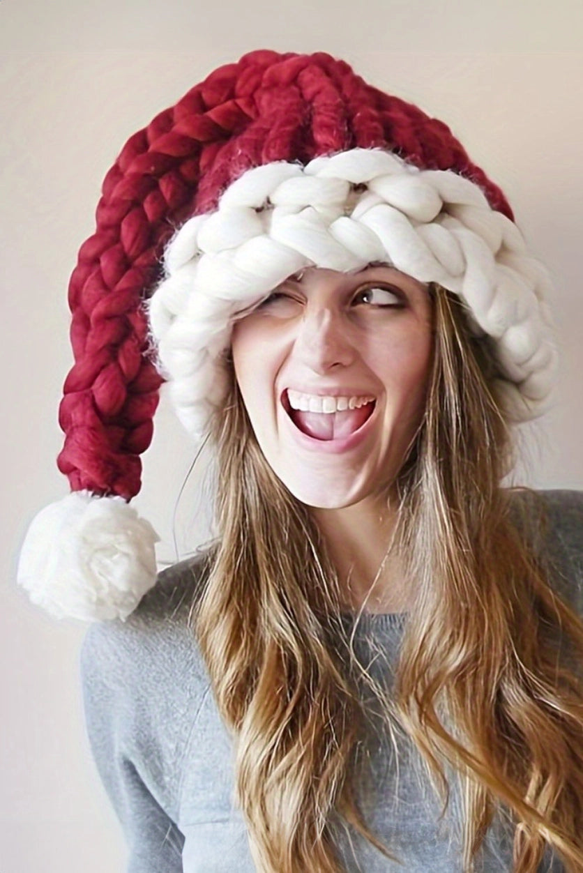 Red Dahlia Block Pom Pom Decor Chunky Knitted Santa Hat