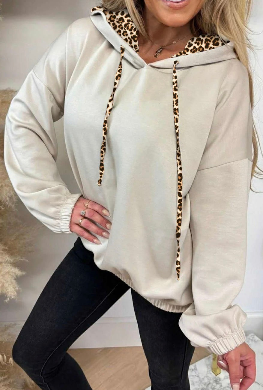 Jet Stream Leopard Contrast Drawstring Hood Drop Shoulder Loose Top
