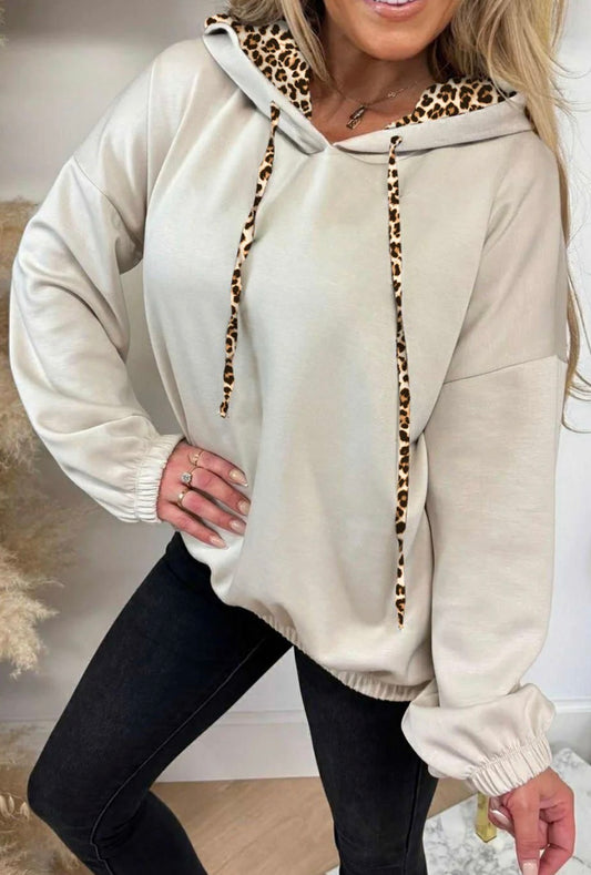 Jet Stream Leopard Contrast Drawstring Hood Drop Shoulder Loose Top