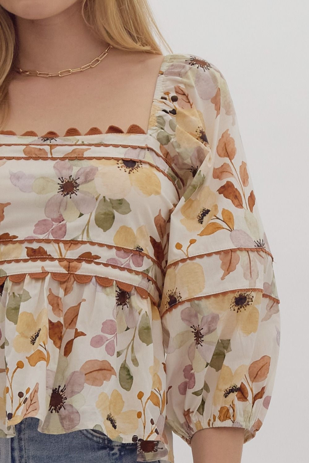Floral Print Elasticized 3/4 Sleeve Balloon Sleeve Peplum Top
