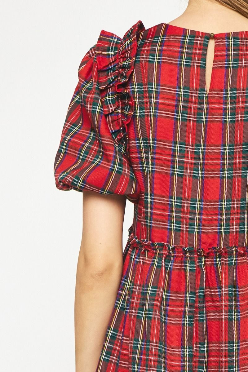 Plaid Short Sleeve Tiered Mini Dress w/ Ruffle Trim & Puff Sleeves