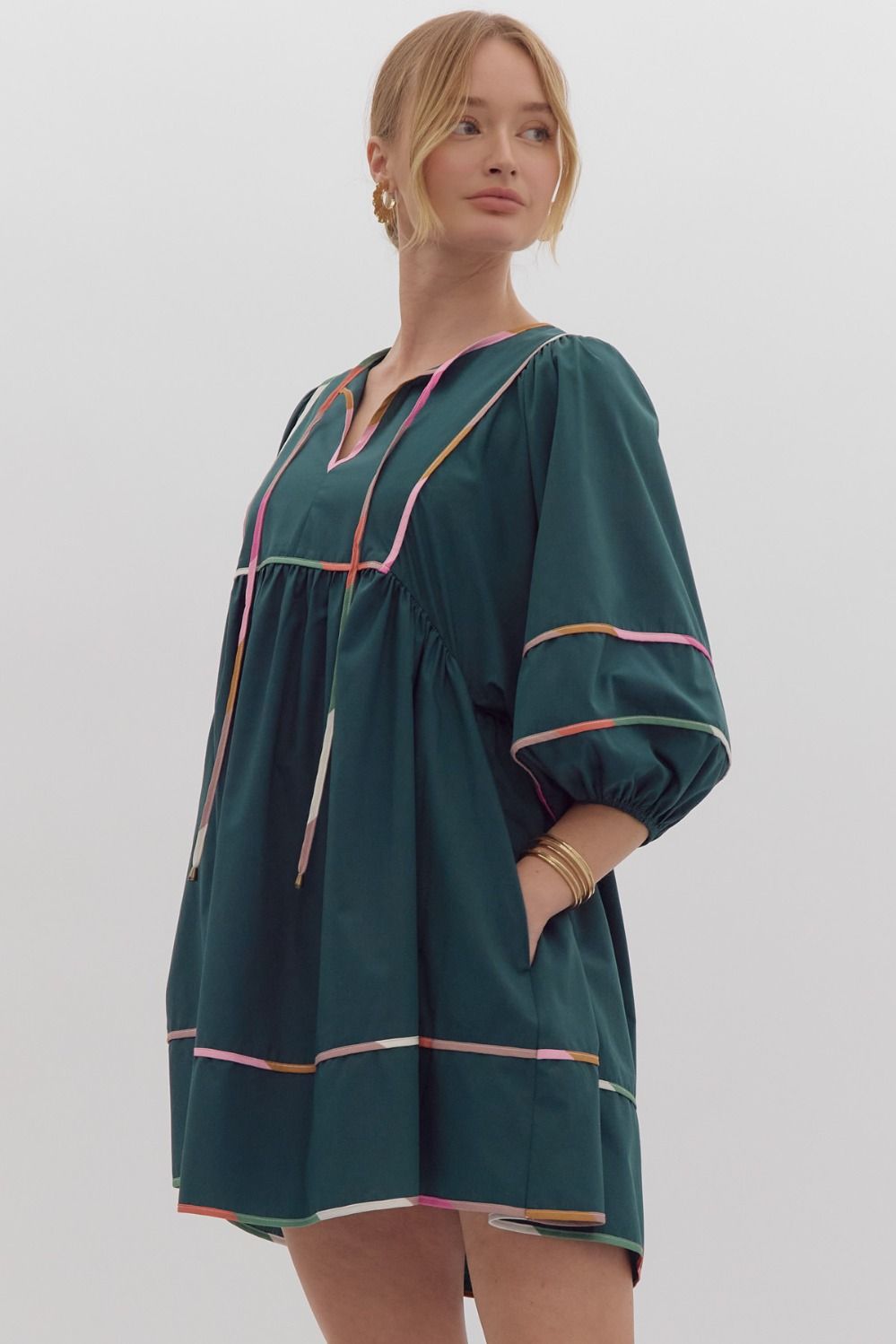 Solid Half Sleeve V Neck Mini Dress w/ Side Pockets & ColorBlock Trim