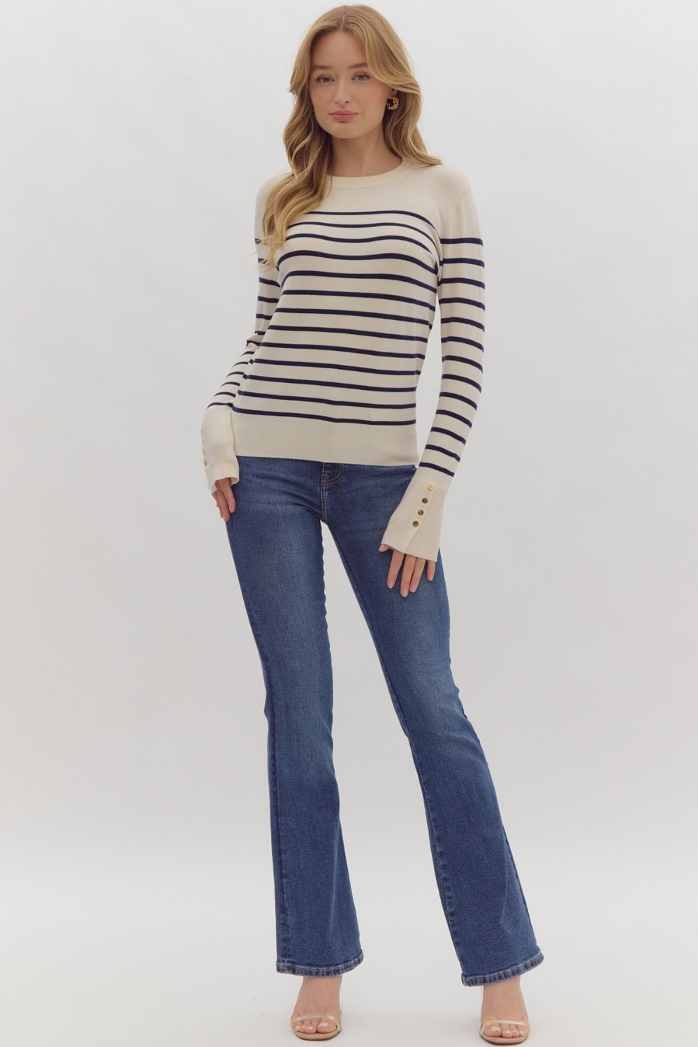 Ecru Stripe print long sleeve round neck top w/ button up detail at cuff