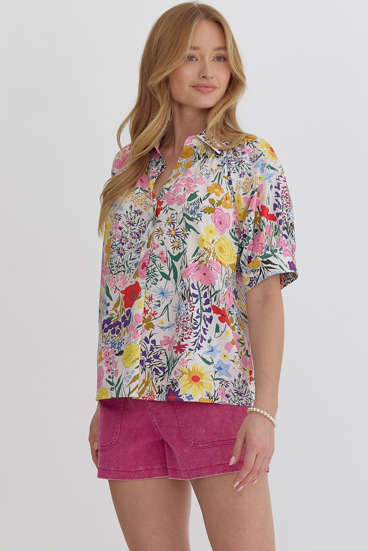 Puff sleeve floral collared top
