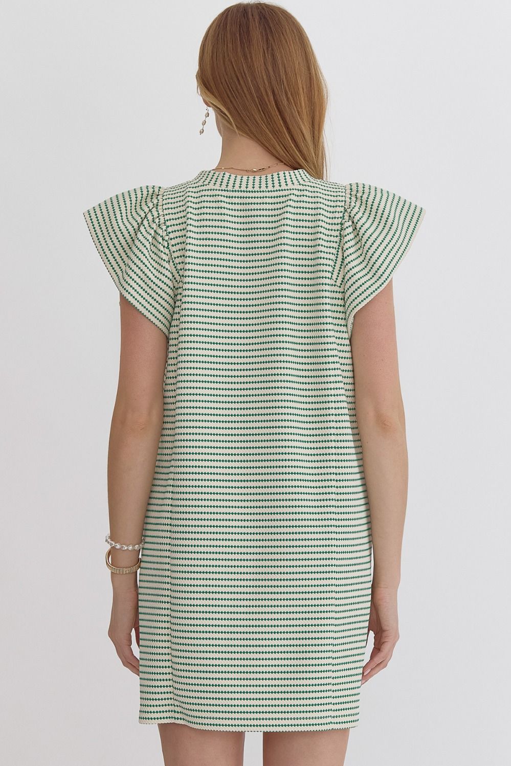 Textured V Neck Short Ruffled Sleeve Mini Dress w/ Pockets