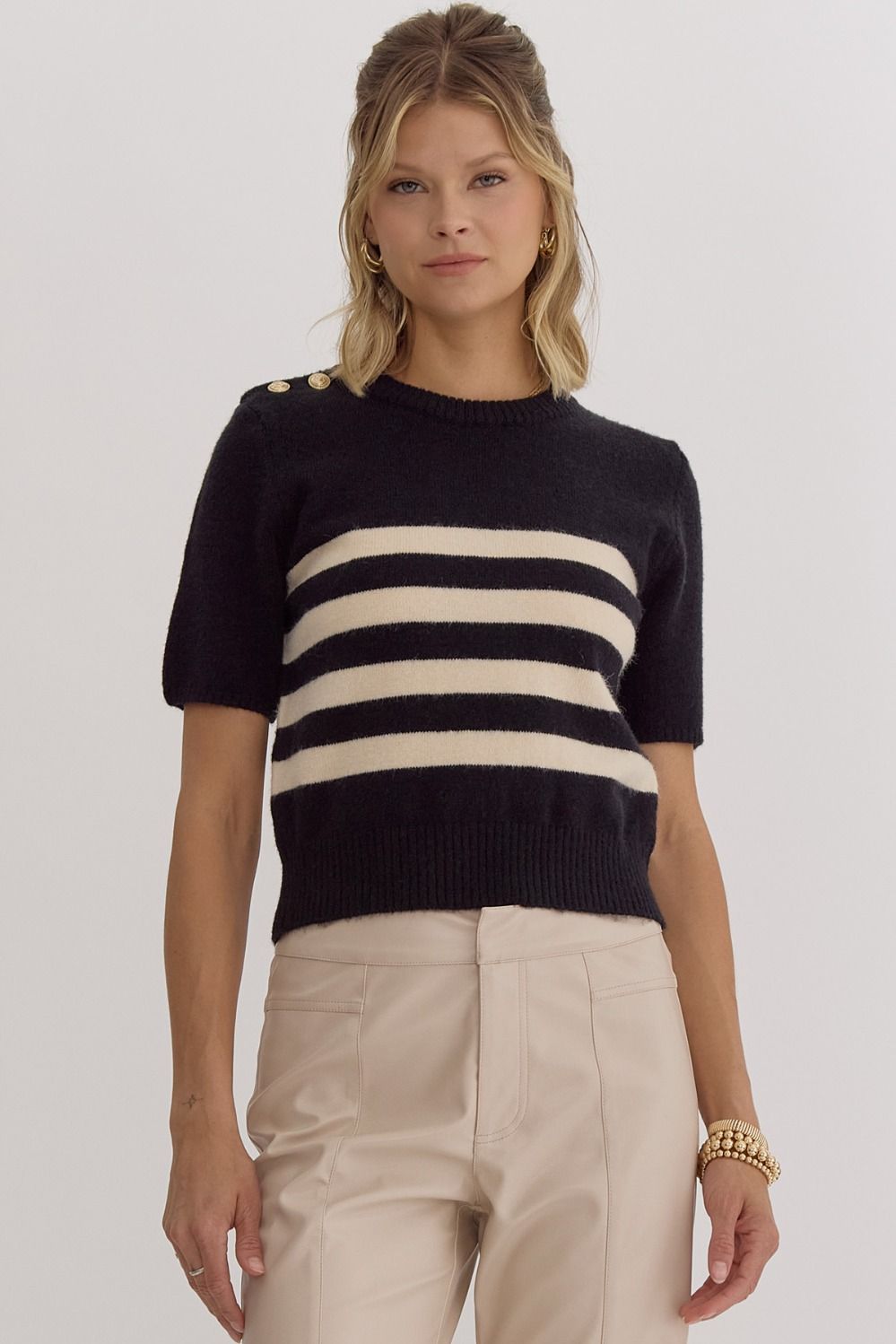 Stripe Print Round Neck Short Sleeve Knit Top