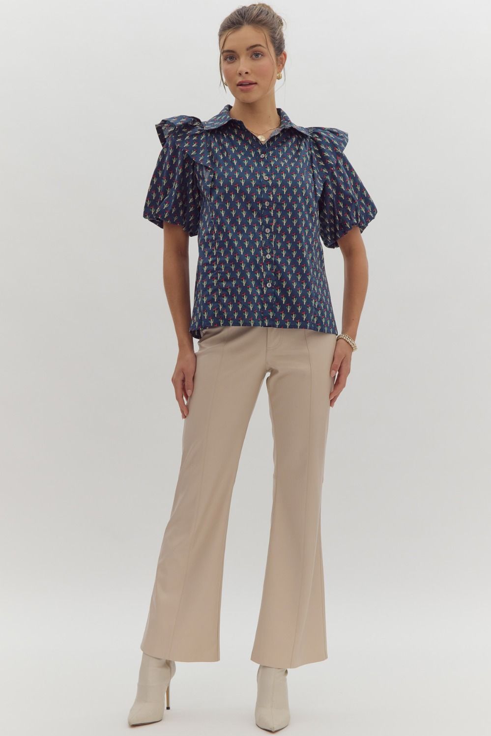 Floral print short puff sleeve button up collared top w/ Ruffle detail