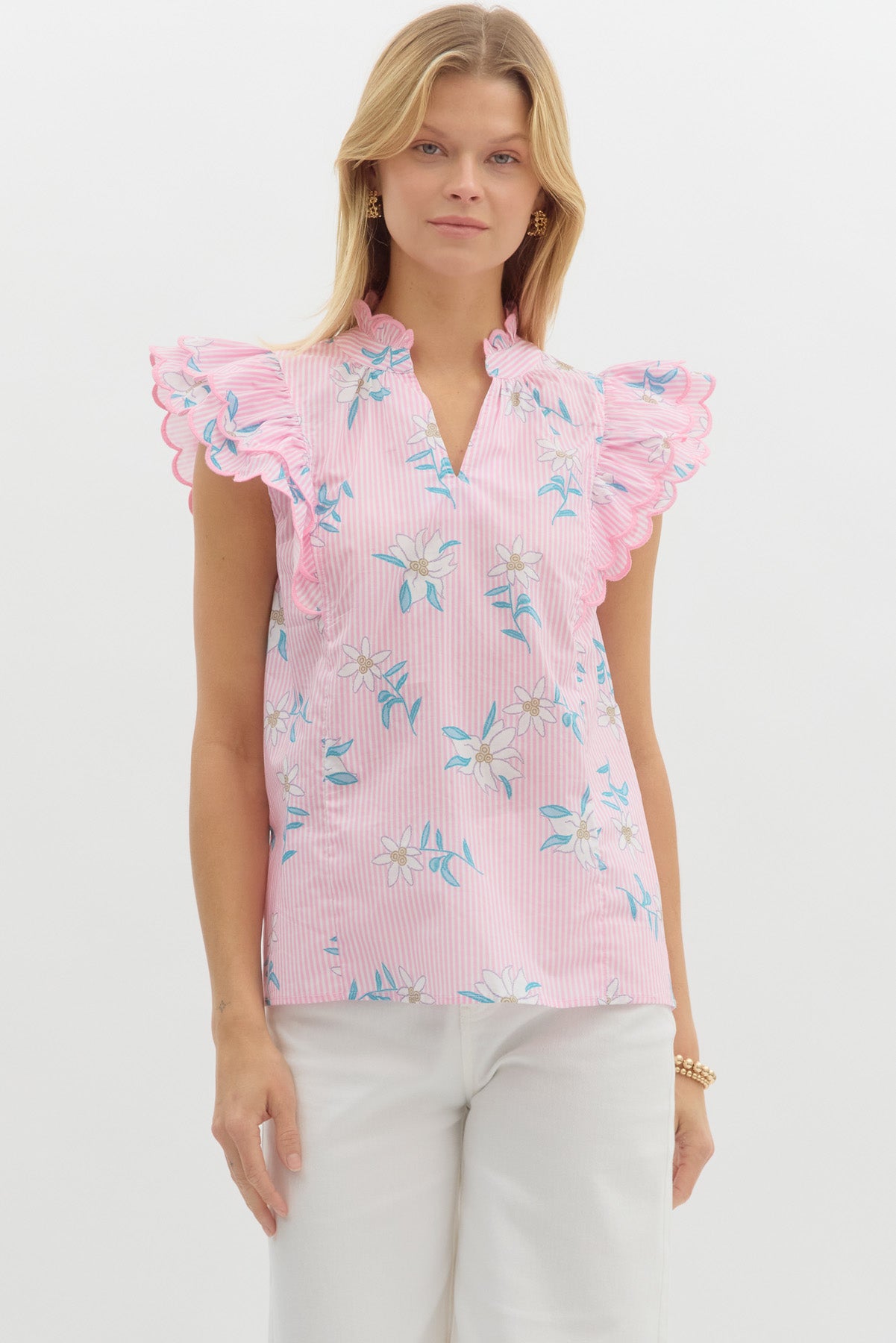 Light pink floral blouse w/ v-neck & ruffle sleeves