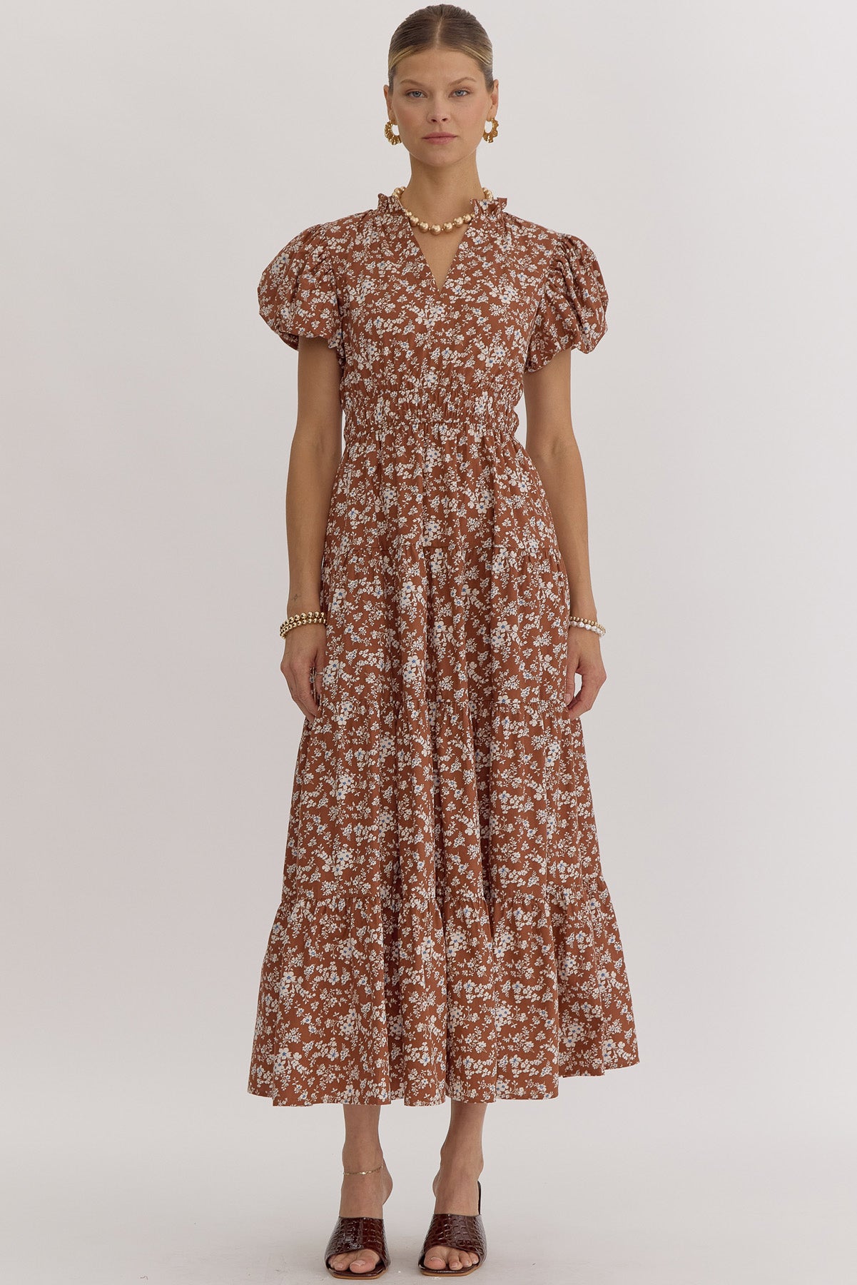 Floral print v neck bubble sleeve midi dress w/ elastic at waist