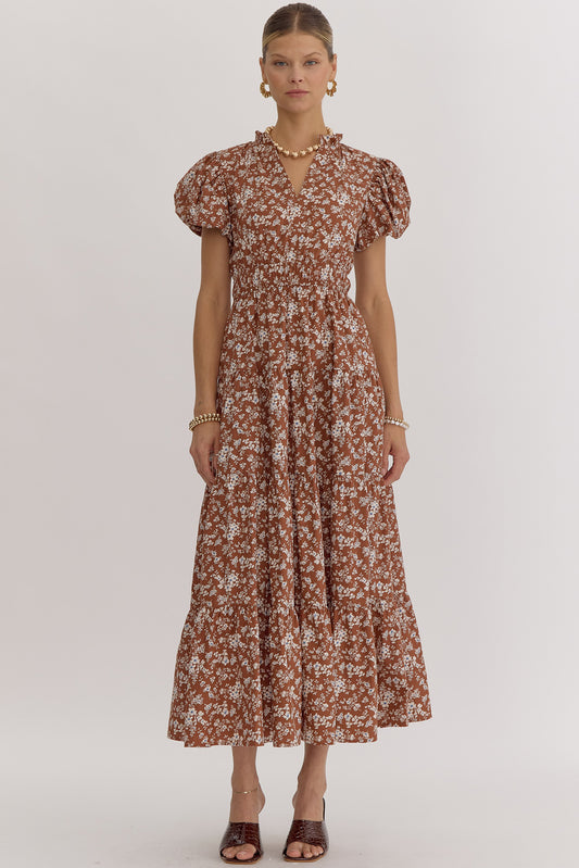 Floral print v neck bubble sleeve midi dress w/ elastic at waist
