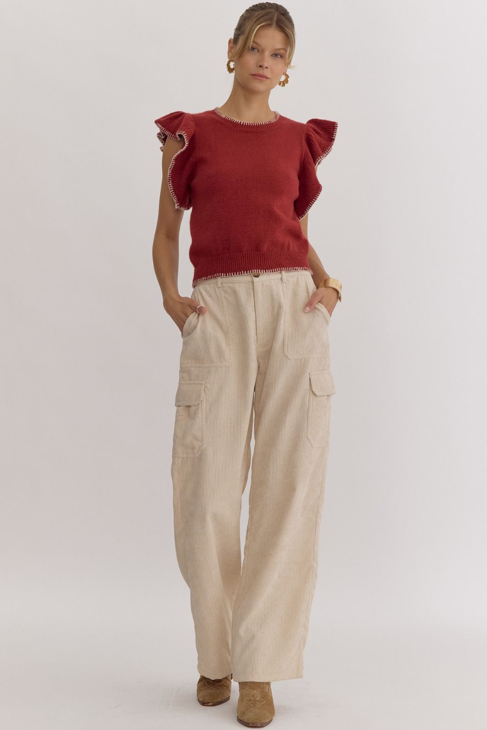 Solid Round Neck Ruffle Sleeve Top w/ Contrast Stitching
