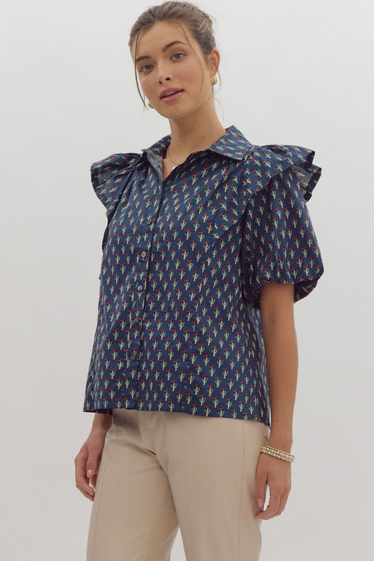 Floral print short puff sleeve button up collared top w/ Ruffle detail