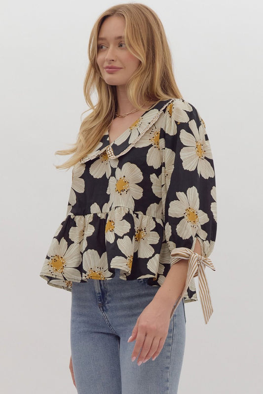 Floral Print Relaxed Fit Peplum Top w/ Ruffled Edge Peter Pan Collar