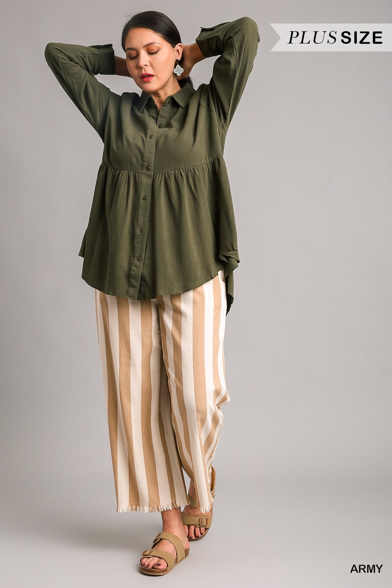 Linen Blend Button Down Collar Babydoll Shirt w/ Ruffle High Low Hem
