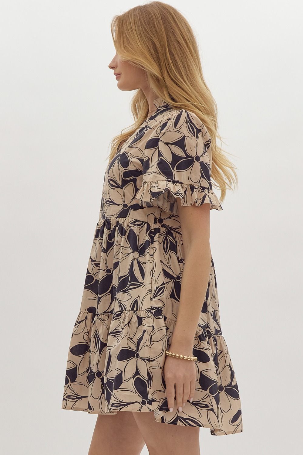 Floral Print V Neck Short Sleeve Mini Dress w/ Ruffle