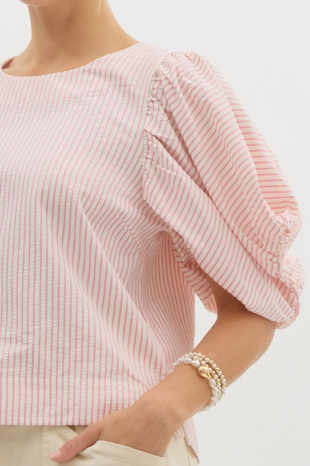 Pinstripe textured voluminous short sleeve top w/ side split hem