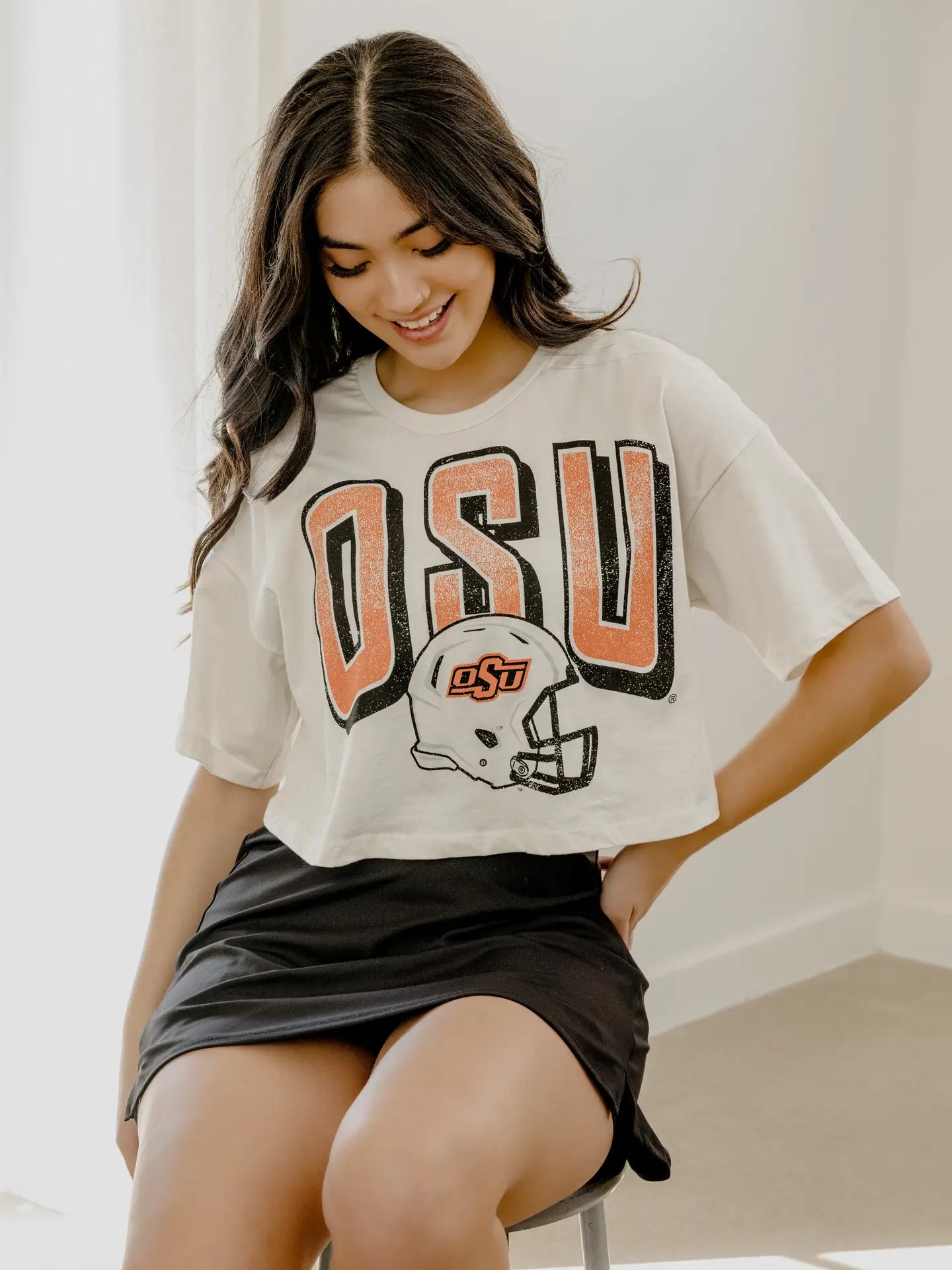 OSU Cowboys Helmut Fade Off White Cropped Tee