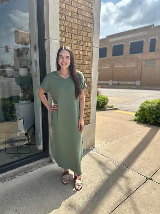 V neck hidden pocket splits maxi t-shirt dress
