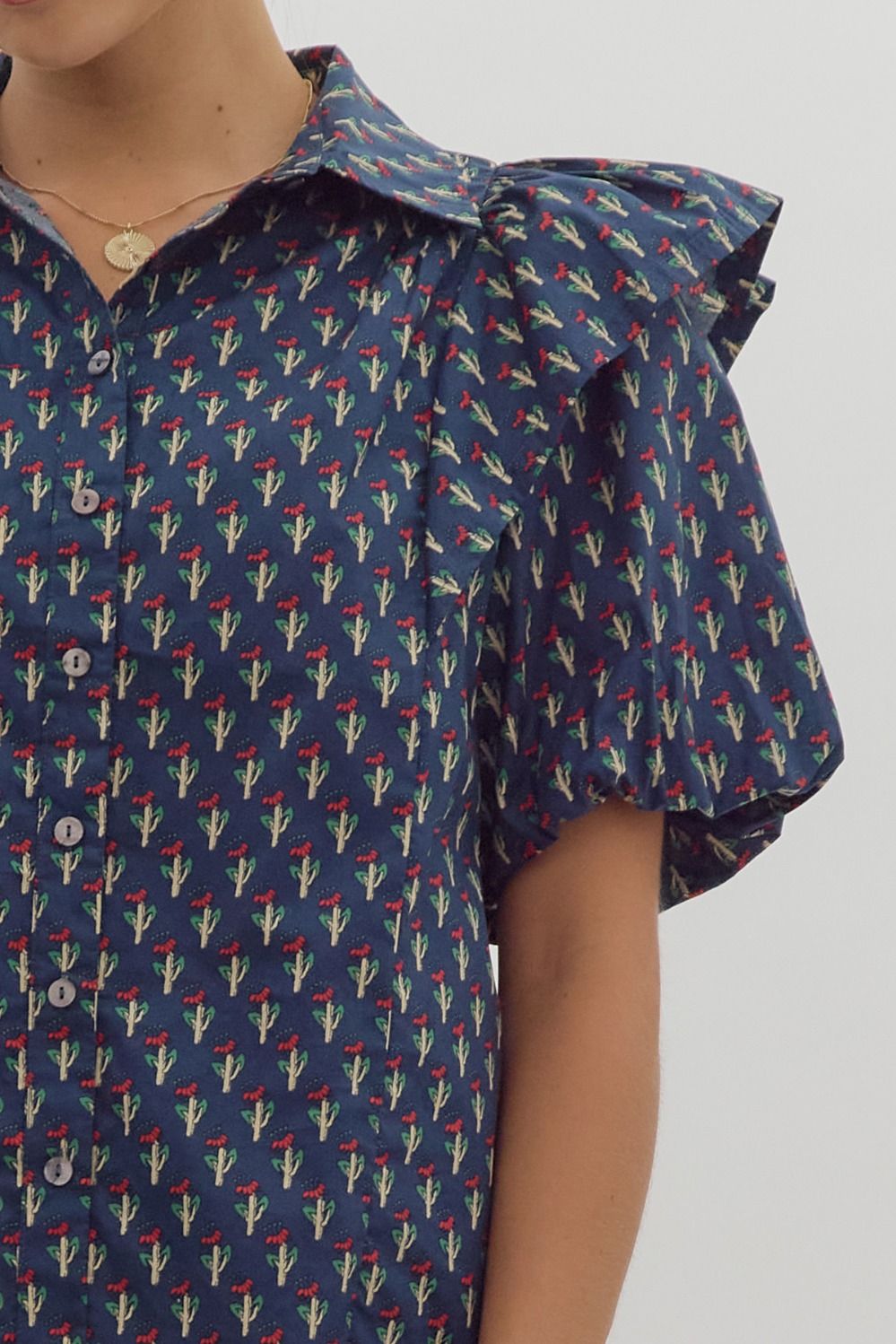 Floral print short puff sleeve button up collared top w/ Ruffle detail