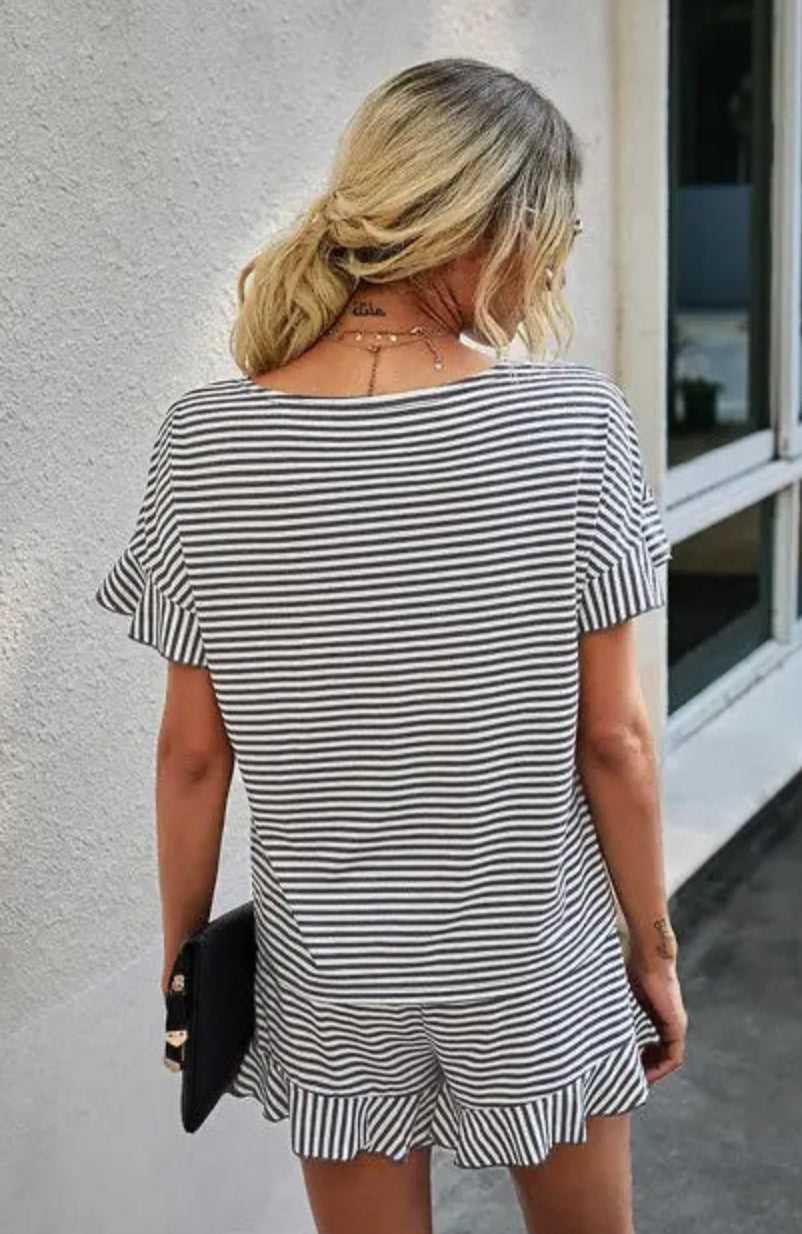 Black & White Round Neck Striped Top Short Set