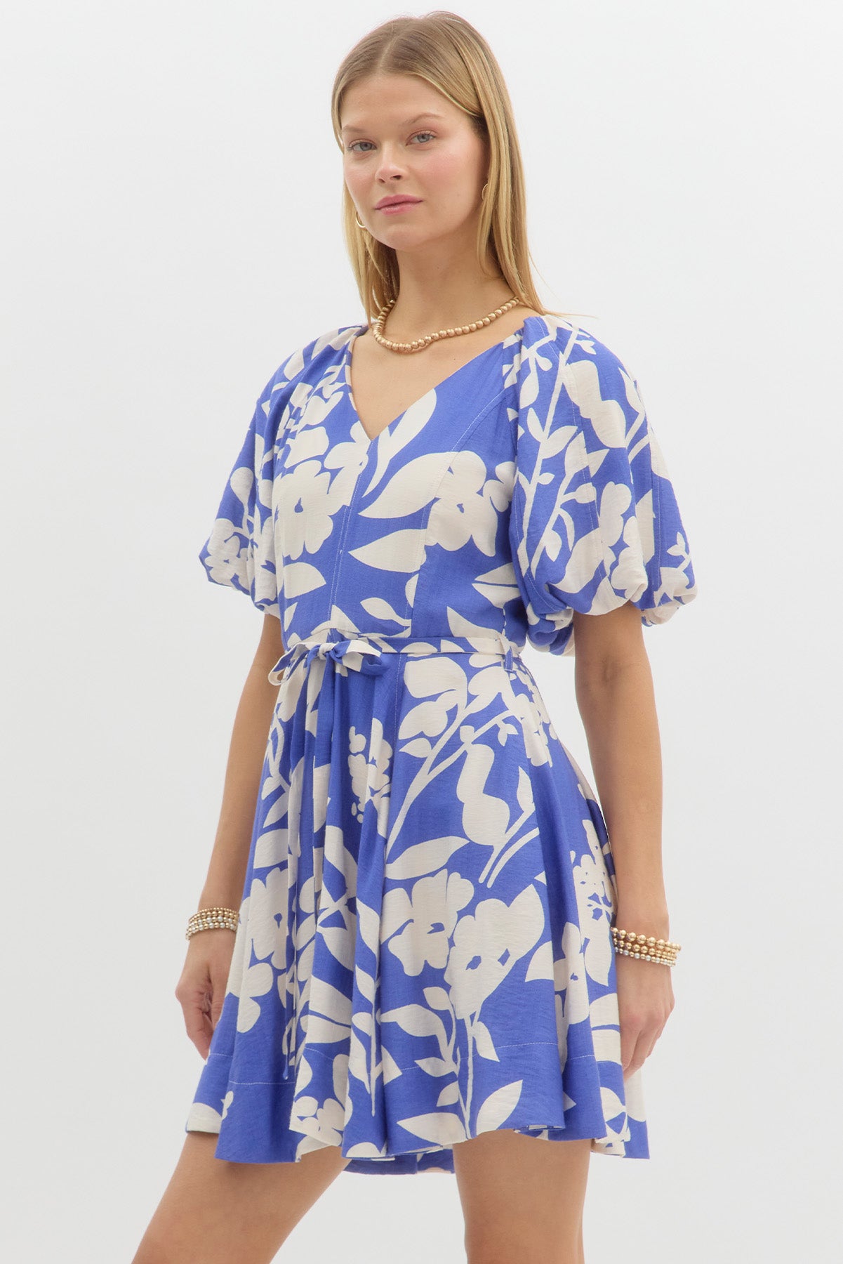 Blue and White Floral Mini Dress w/ Puff Sleeve and Self Tie