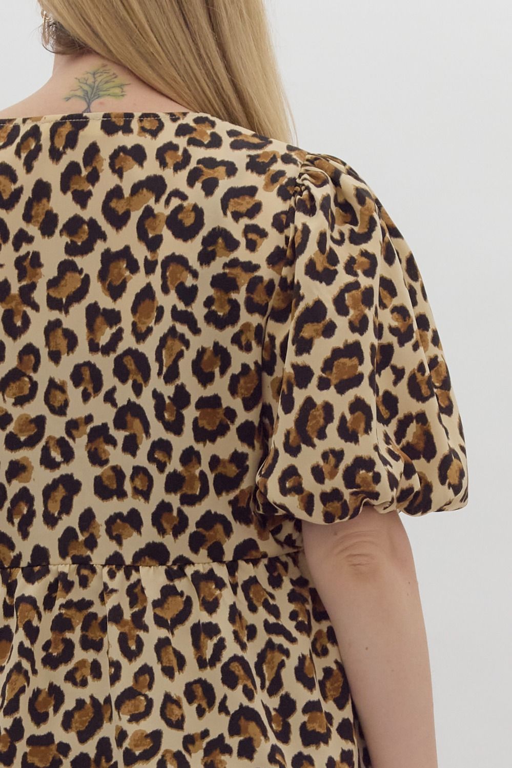 Leopard Print Bubble Sleeve Peplum Top w/ Bow Detail