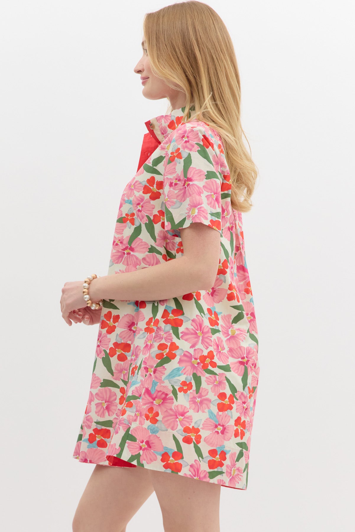 Short Sleeve Red and Pink Floral Mini Dress w/ Front Buttons